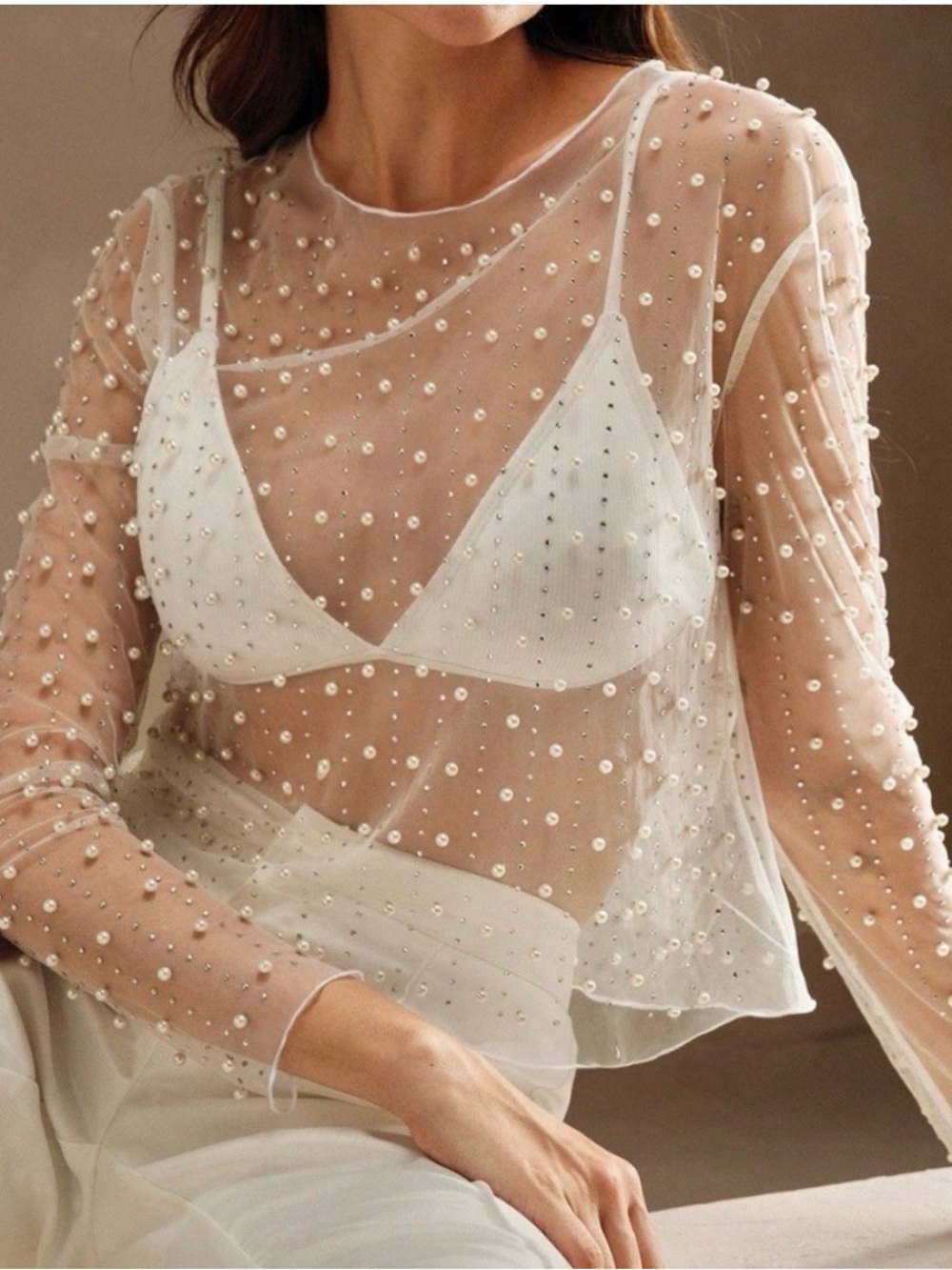 Rouge! White Beaded Sheer Mesh Long-Sleeve Top